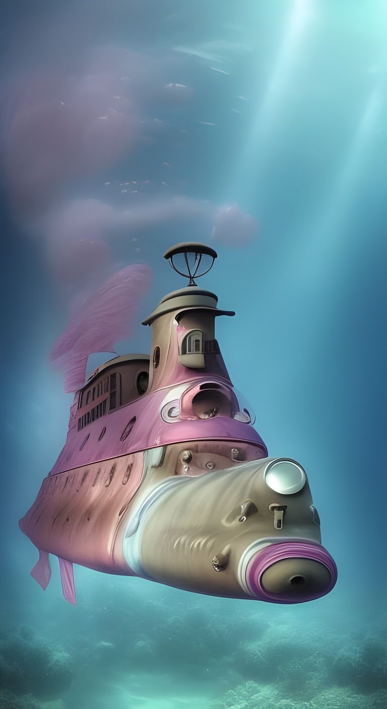 Pink Steampunk Submarine in Ethereal Underwater Scene