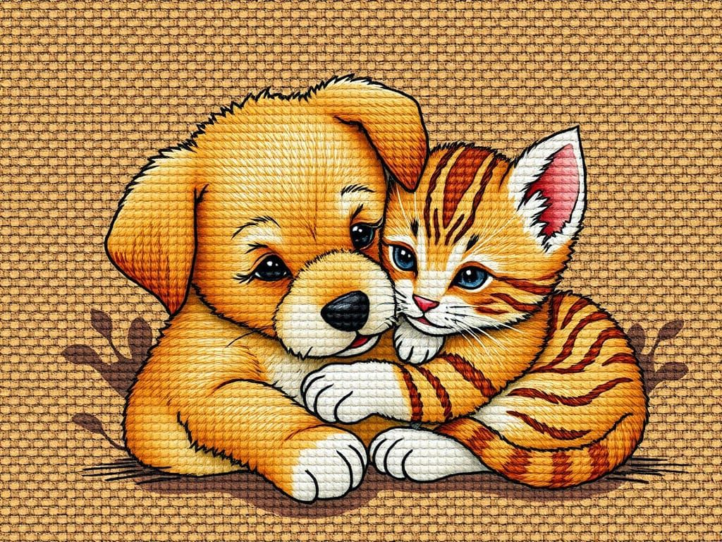 Whimsical Puppy and Kitten Cross Stitch Art