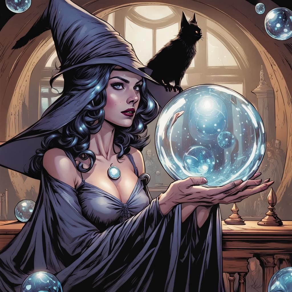Witch Gazing into Crystal Ball Comic Book Art