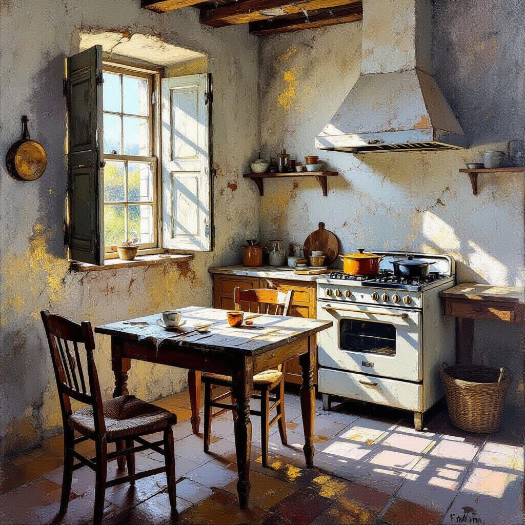 Abstract Rustic Kitchen in Golden Light, Impasto Style