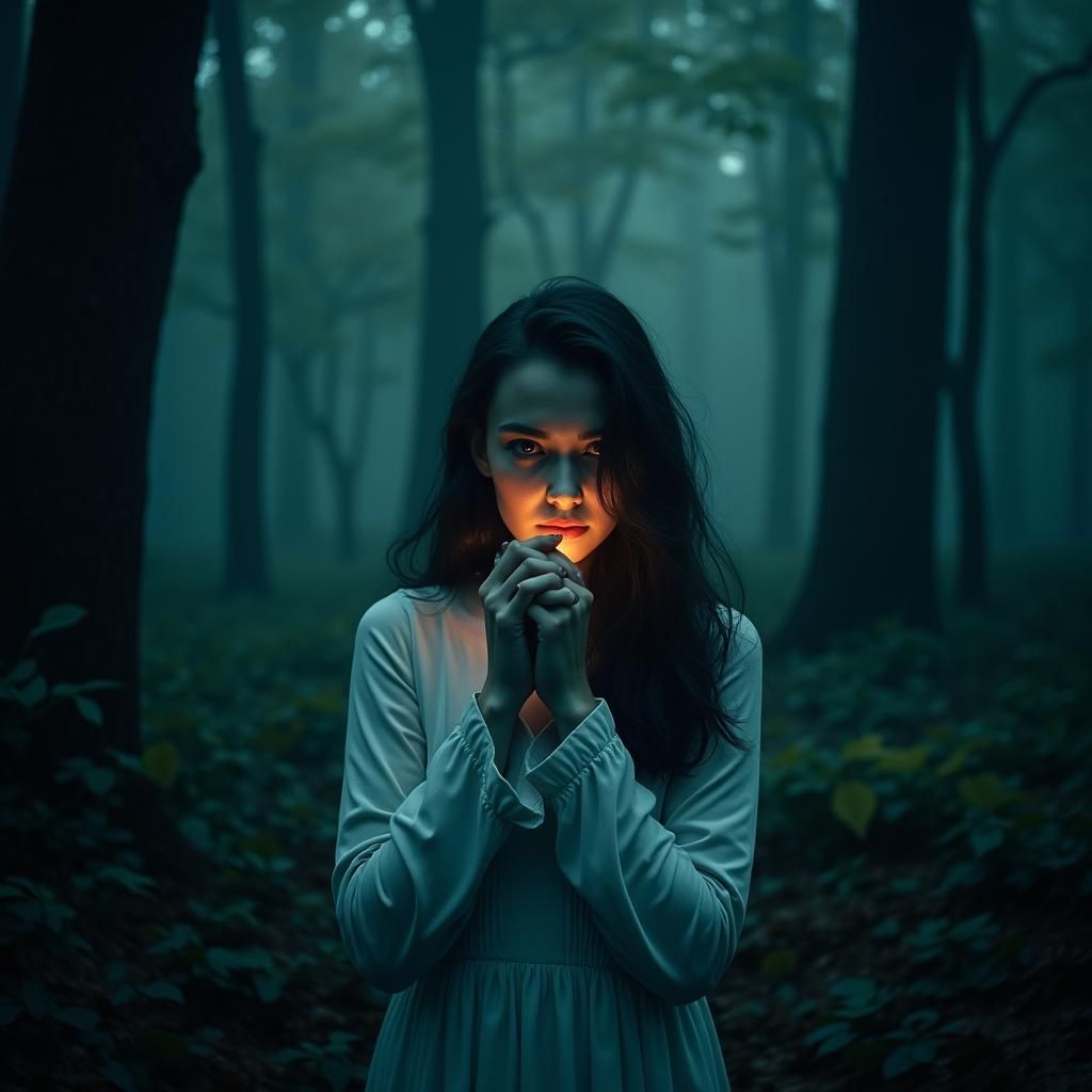 Ethereal Woman in Mystical Forest, Digital Art