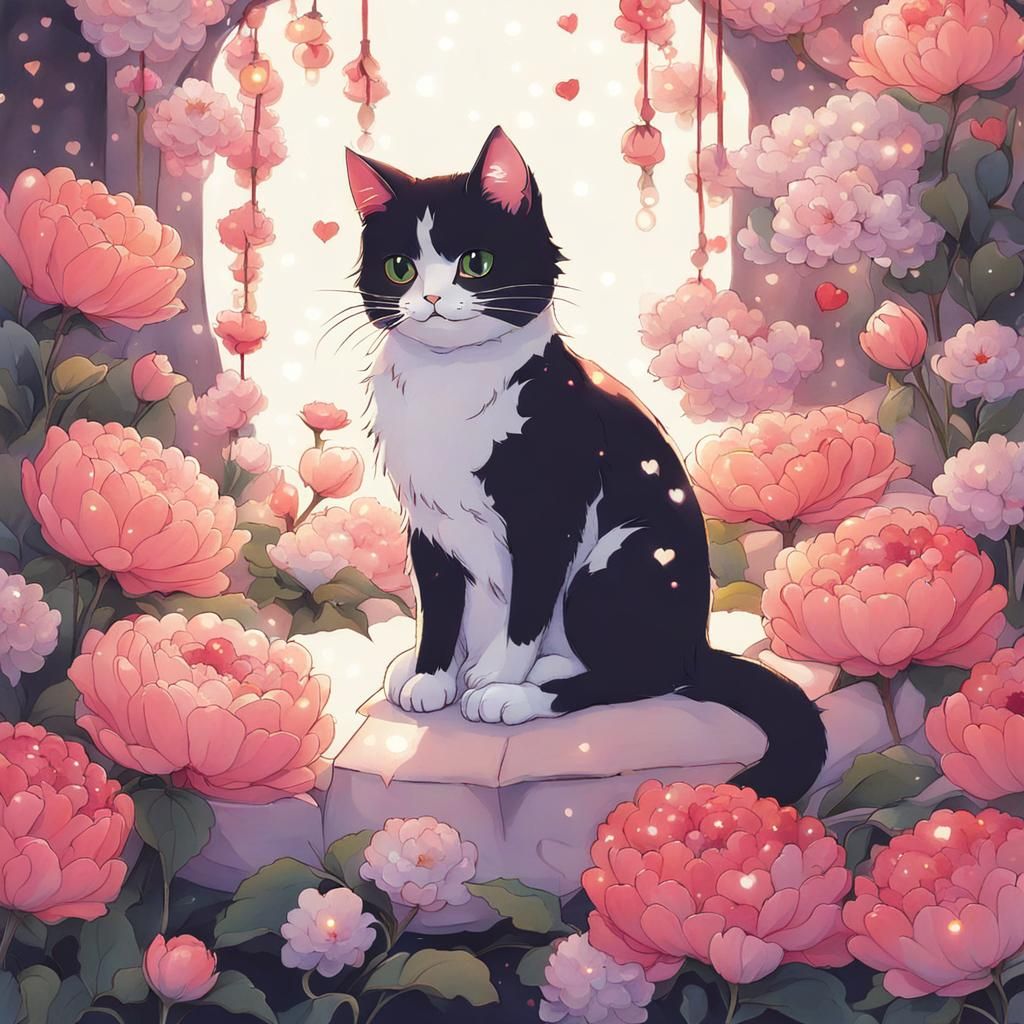Manga-Inspired Futuristic Cat in a Whimsical Garden