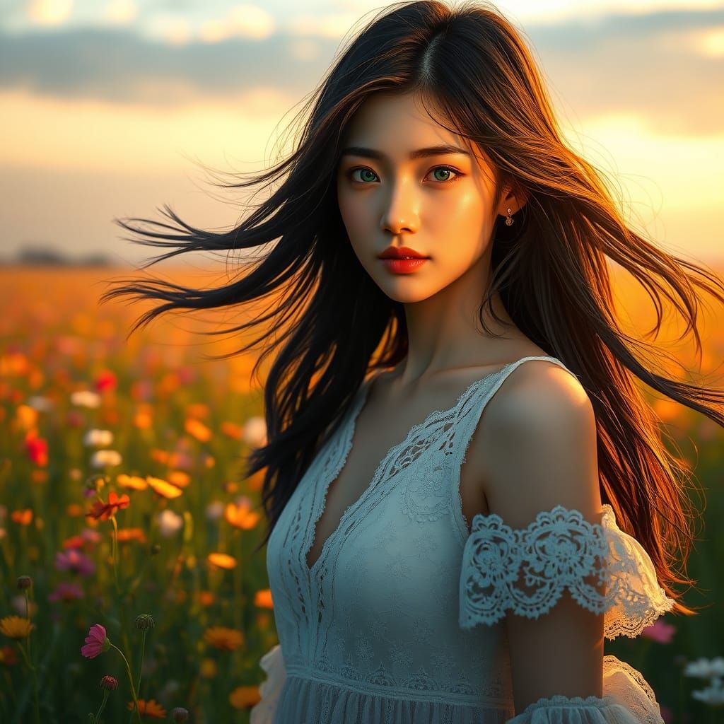 Hyperrealistic Japanese Woman in Wildflower Field