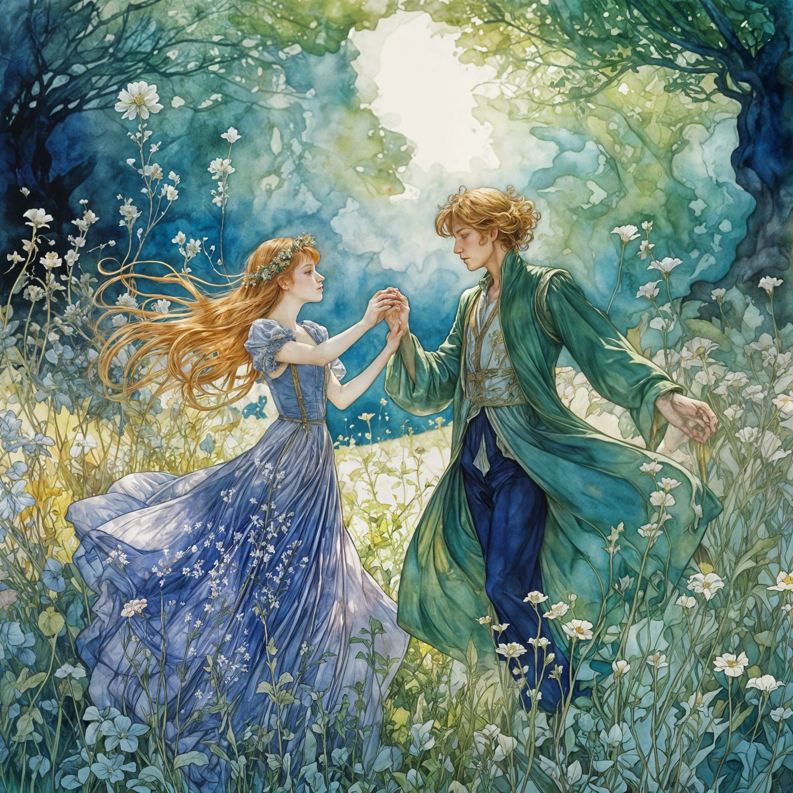 Dancing Princess and Prince in Whimsical Watercolor Meadow