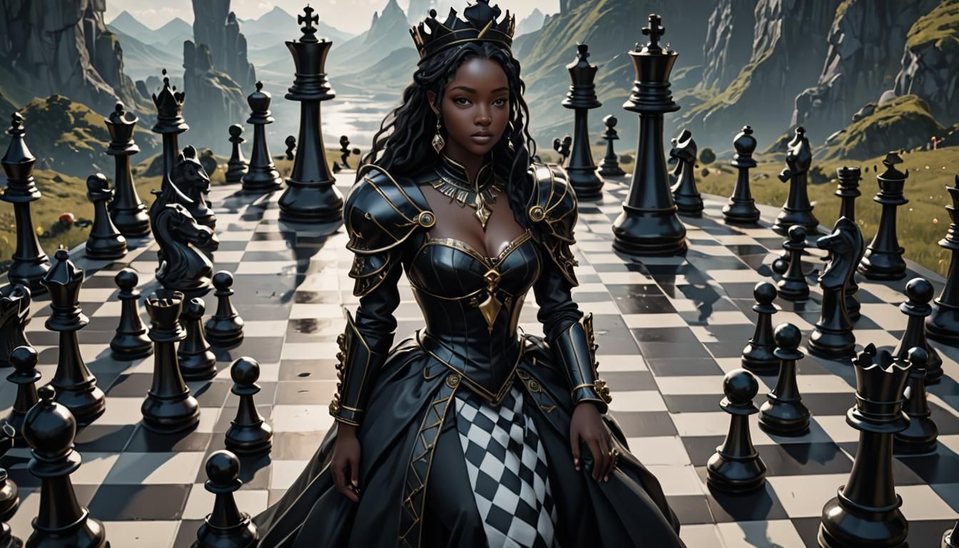 Chess themed planet populated by giant Chess pieces, black and white chequered landscape