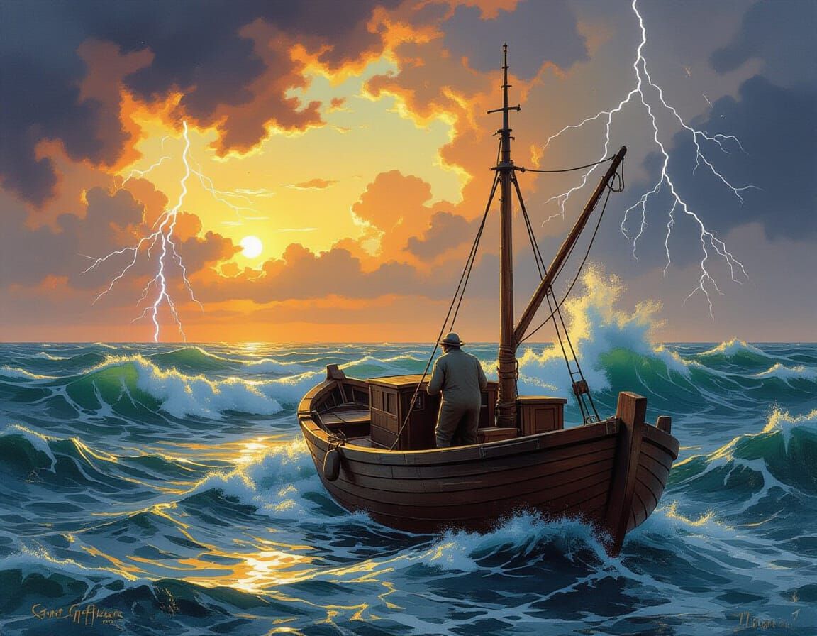 Old Fisherman on Chaotic Sea in Stormy Sunrise