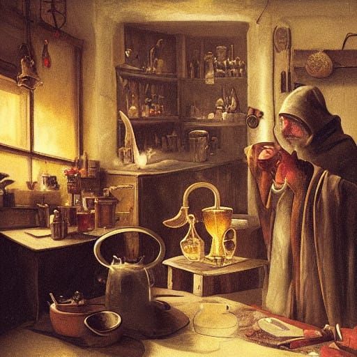 Mysterious Alchemist Brews Potions in Golden Light
