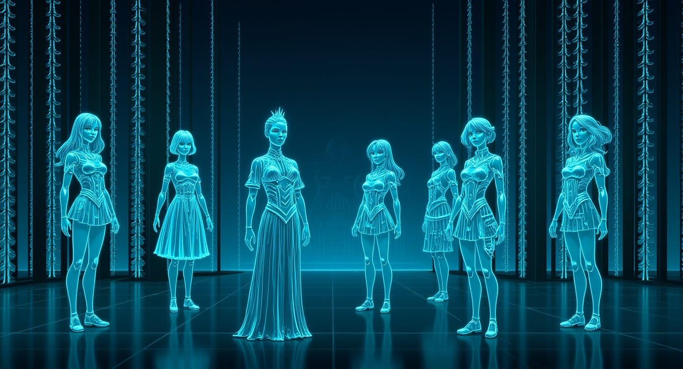 Cyberpunk Women in Bioluminescent Glass Dresses