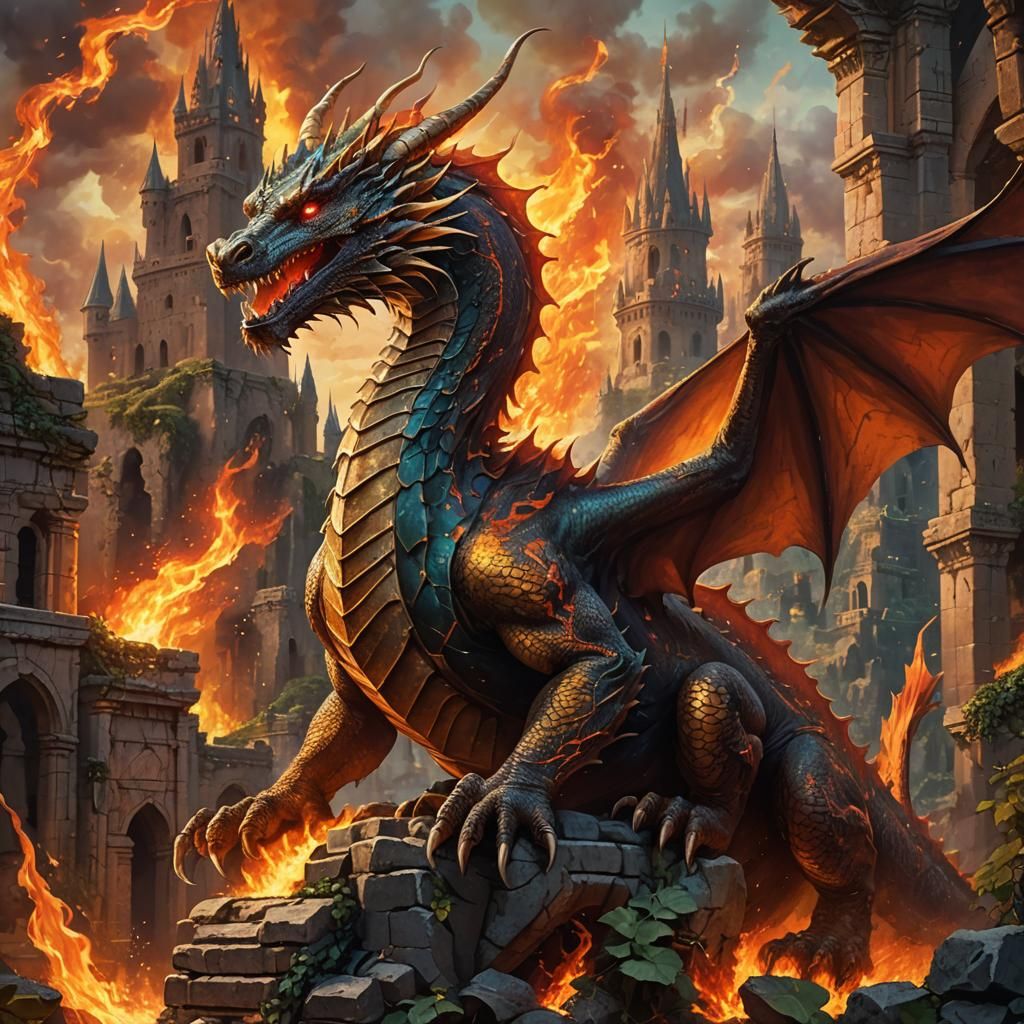 Fiery Dragon in Mystical Realm: Art Nouveau Concept