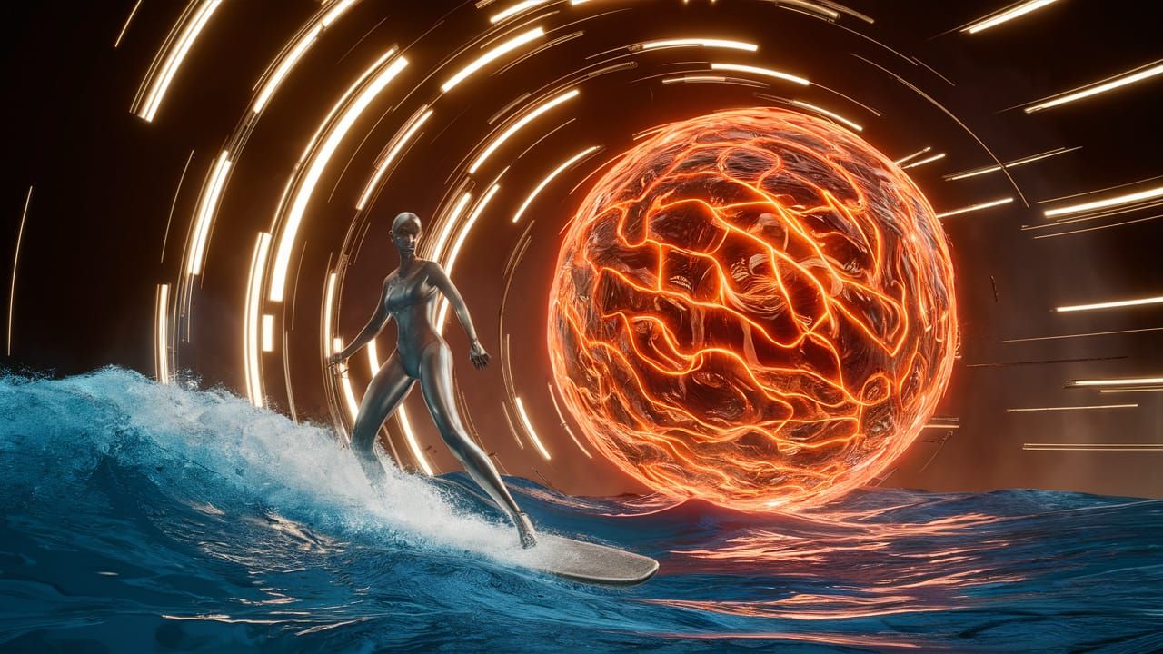 Chrome Surfers Ride a Solar Corona in 3D