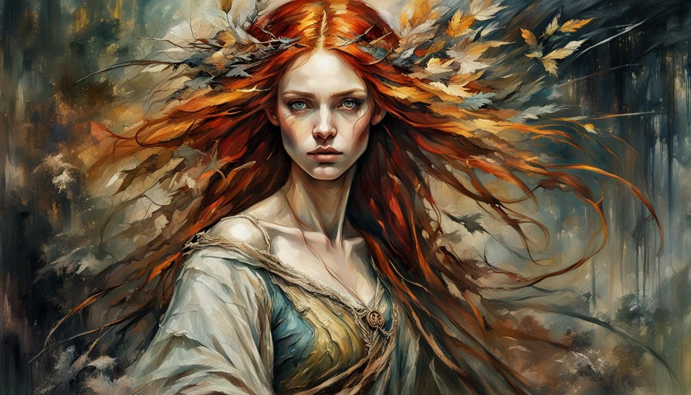 Create an oil painting on canvas UHD (32k) superb beautiful young redhead girl mystical eyes, tribal dress, perfect face...