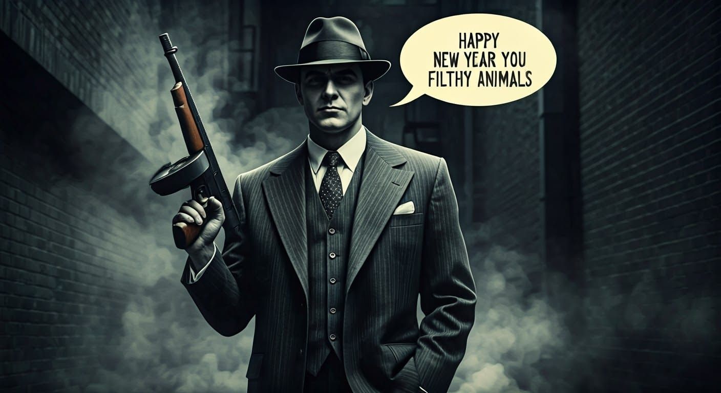 Gritty Gangster Wishes Happy New Year with Tommy Gun