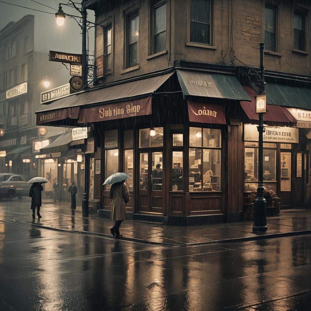Rain-Soaked Street Corner in Wong Kar-wai Style