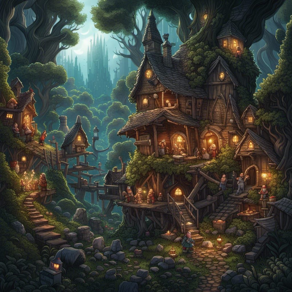 Magical Gnome Village in Old Forest: Digital Art