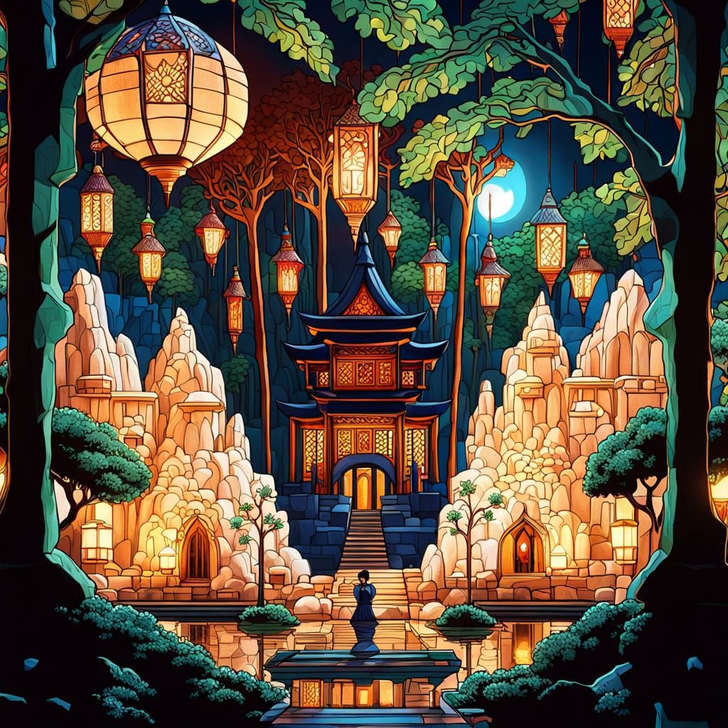 Floating Temple at Night: Hyperrealistic Digital Art