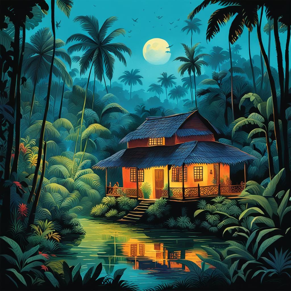 A serene moonlit night in a Kerala village in India, masterf...