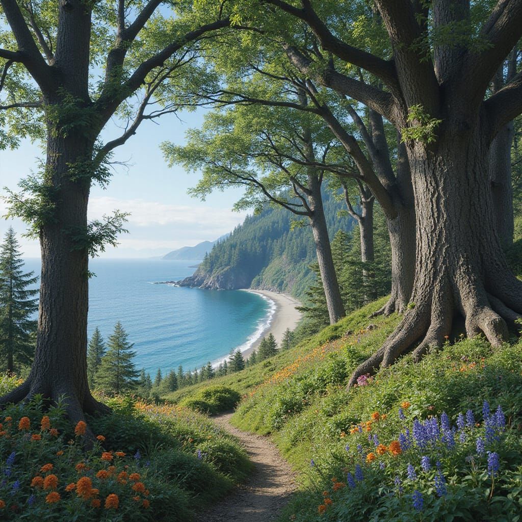 Majestic Forest Meets Sea: Classical Fantasy Landscape