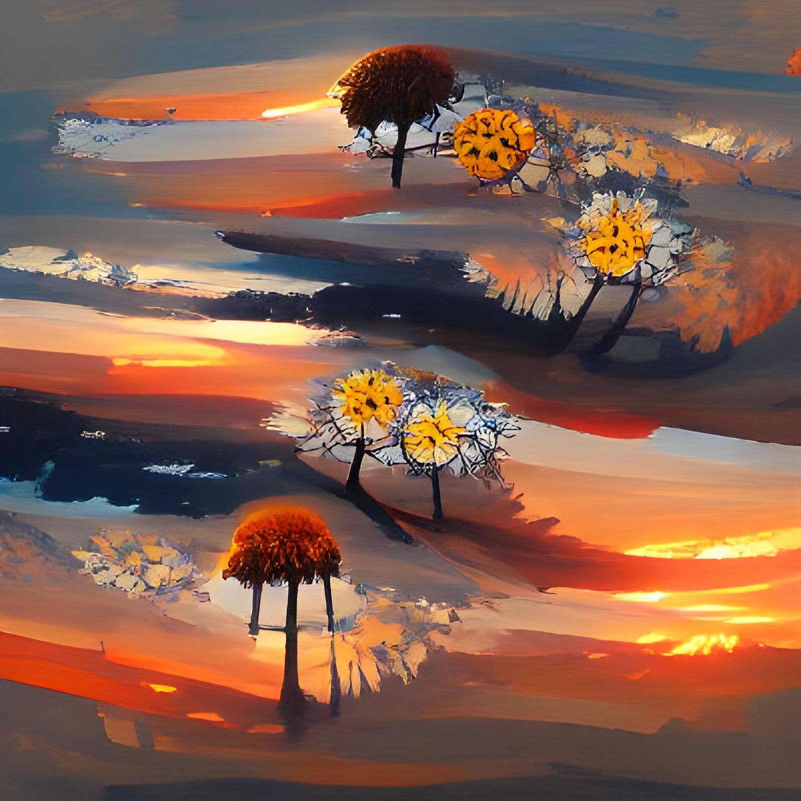 Daisies, Trees, and a Vibrant Sunset
