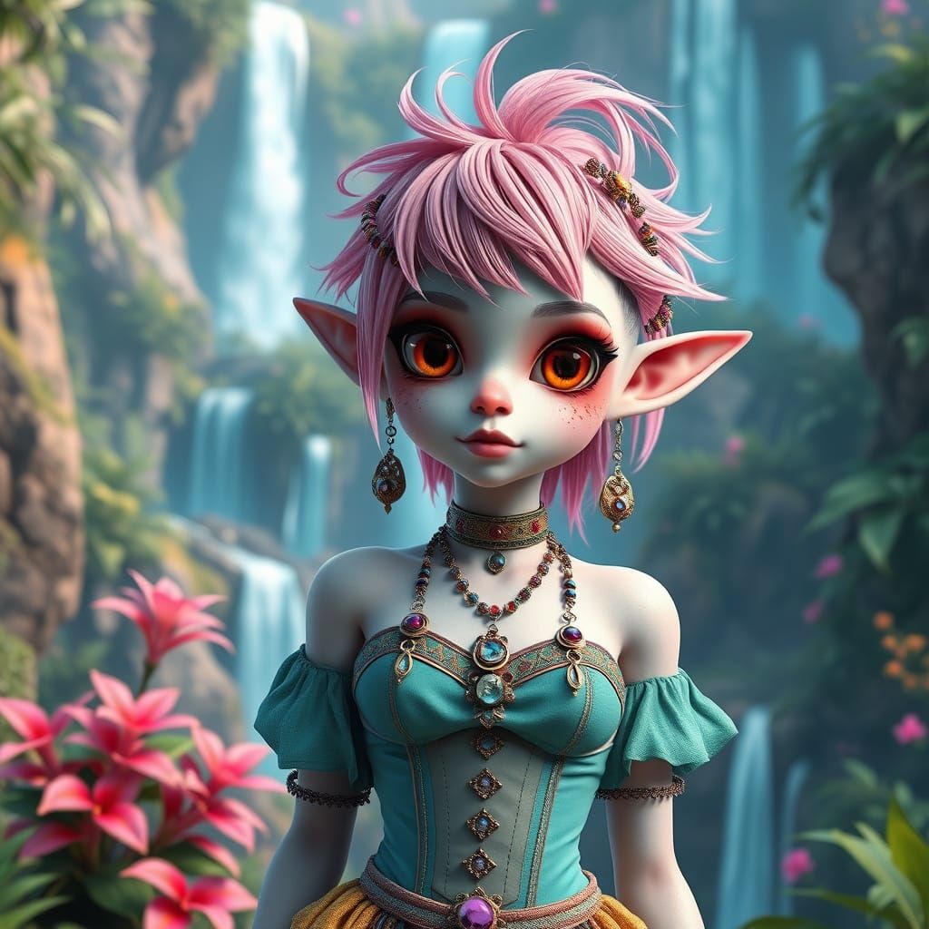 Elegant Vitiligo Elf in Utopian Landscape, 3D Anime Art