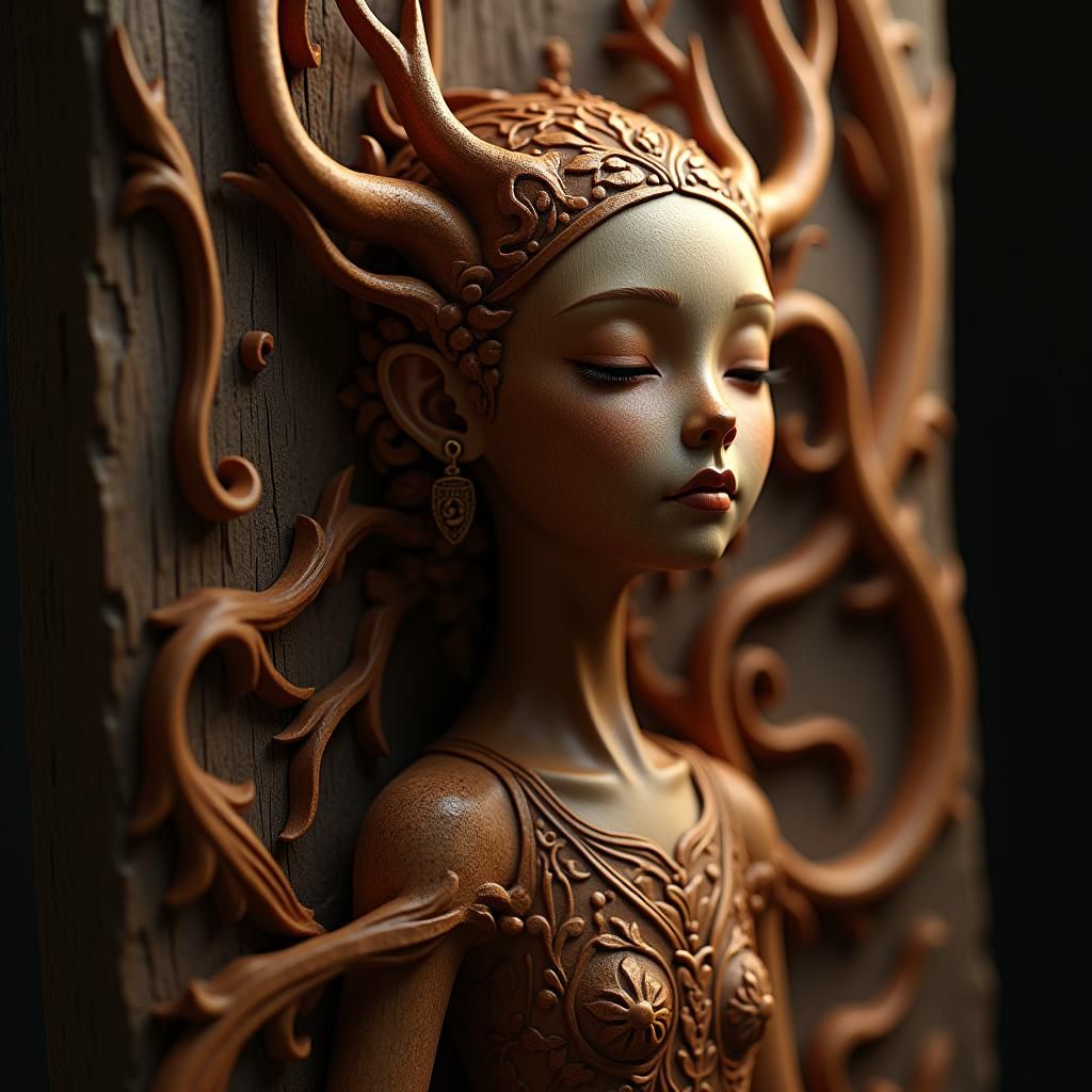 Detailed Wood Carving of a Music Sprite