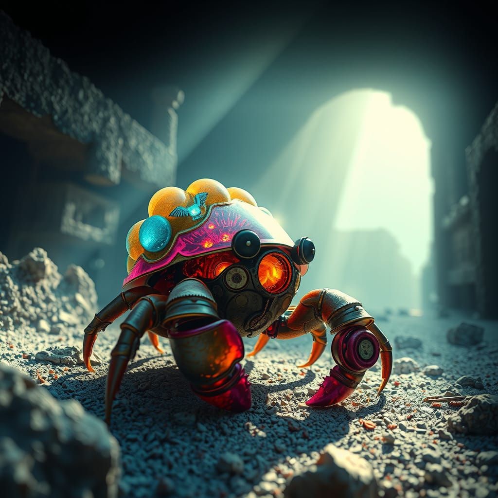 Bioluminescent Hermit Crab in Sunken City Ruins
