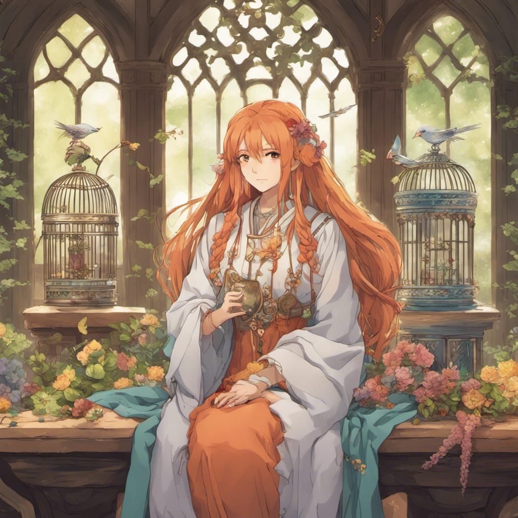 Anime Woman with Braided Hair and Magic Flowers