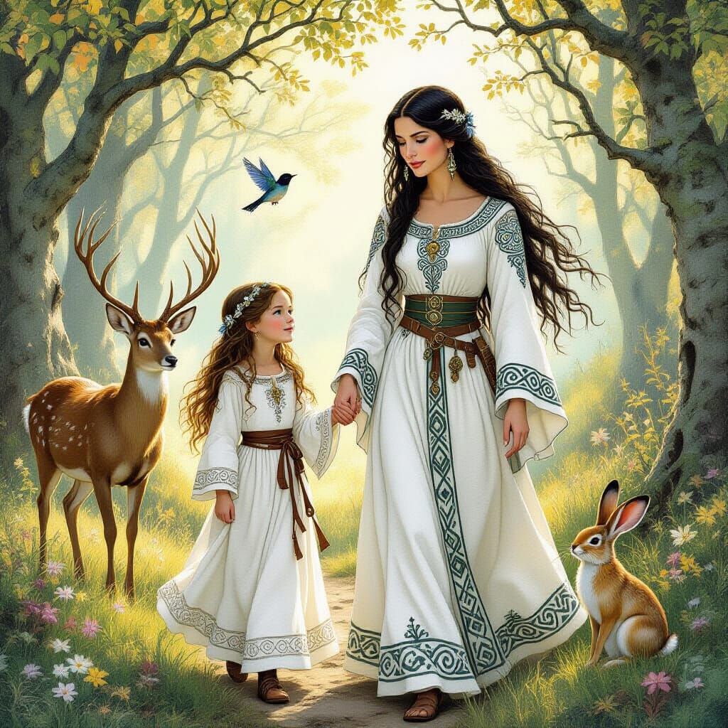 Medieval Women and Animals in Forest, Alan Lee Style