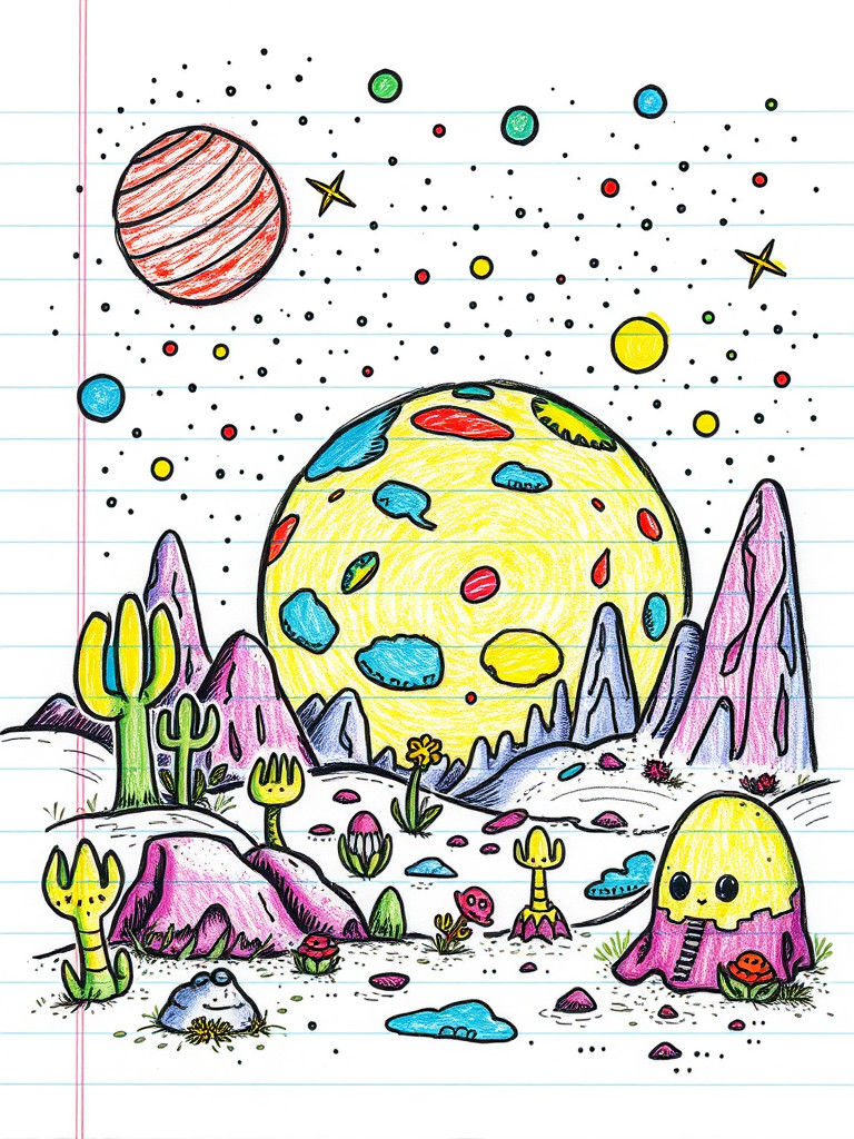 Vibrant Alien Doodle Landscape on Notebook Paper