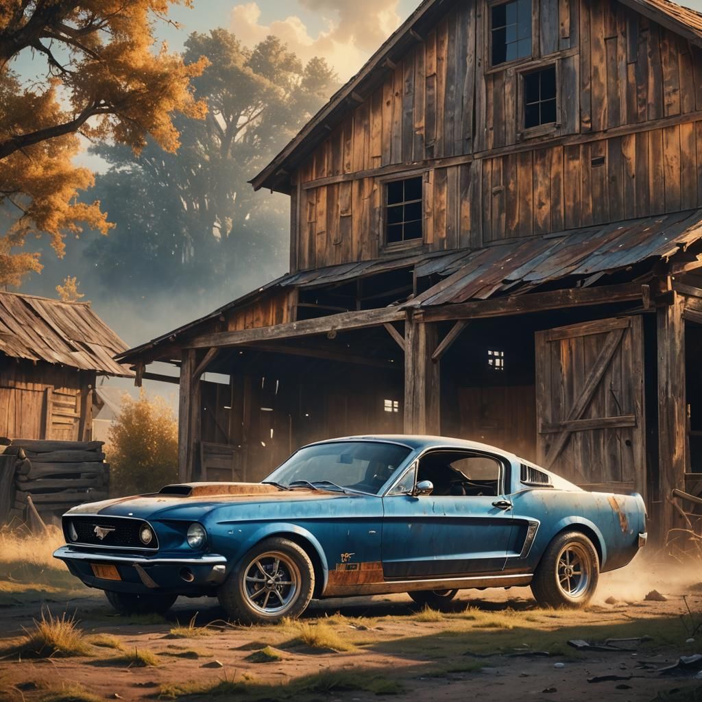 Mustang Car Beside Barn in Watercolor Painting