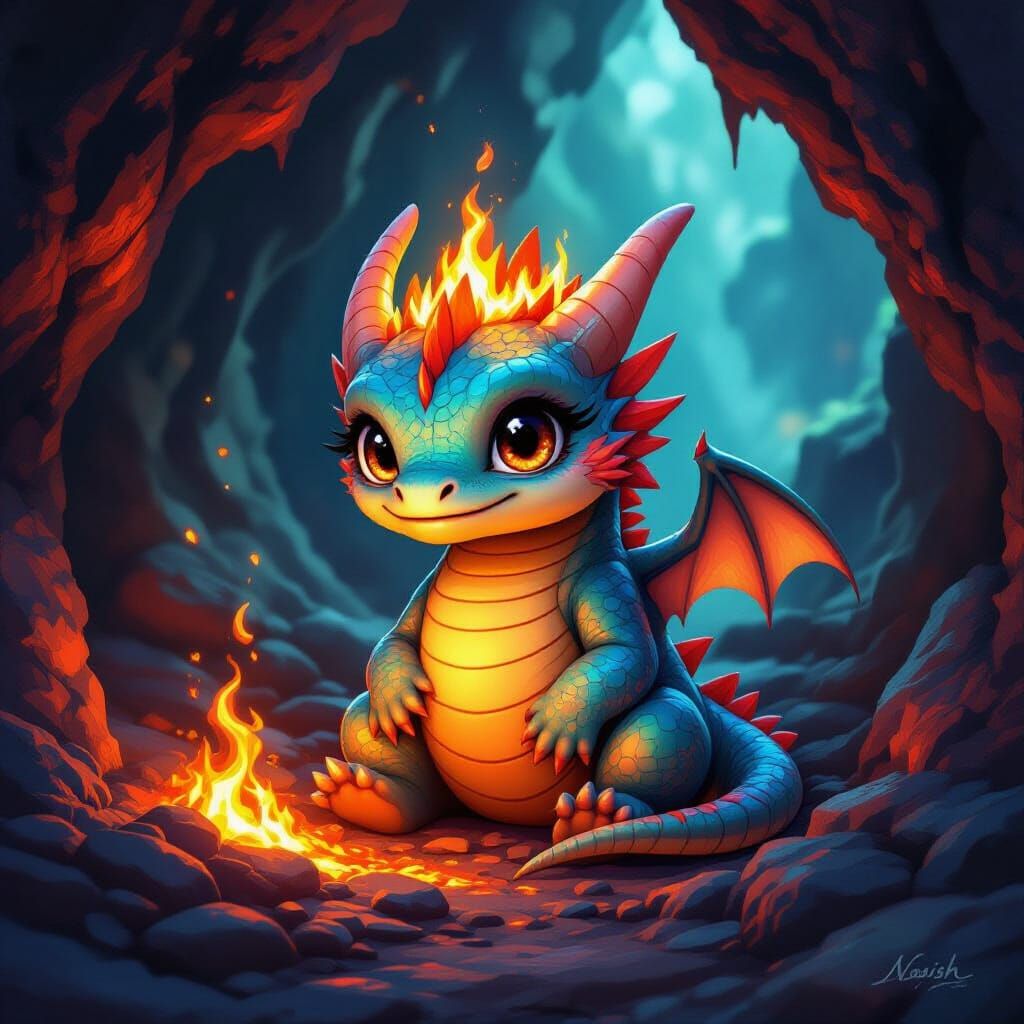 Iridescent Baby Dragon in Lava Cave, Fantasy Art