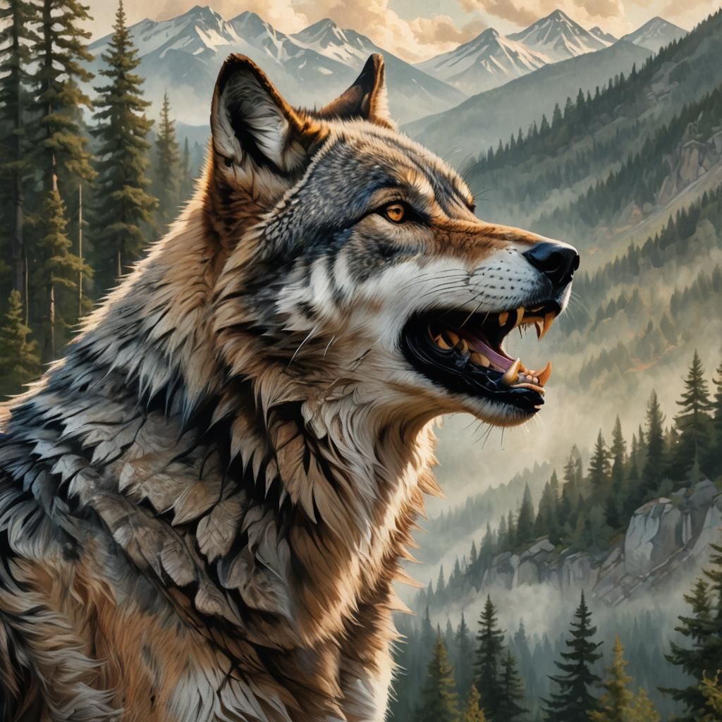 Wolf Profile with Landscape Fur, Digital Art