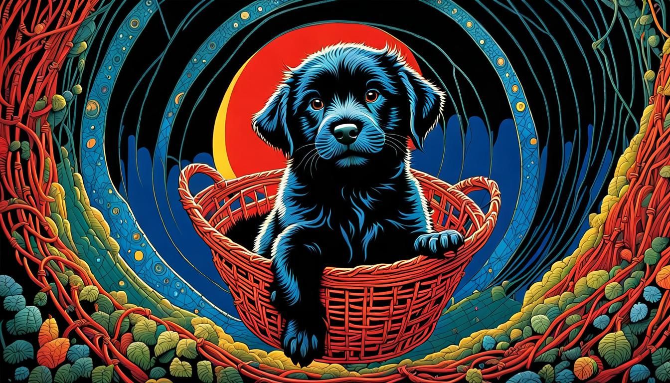 Puppy Descent to Hell in Wood Engraving Style