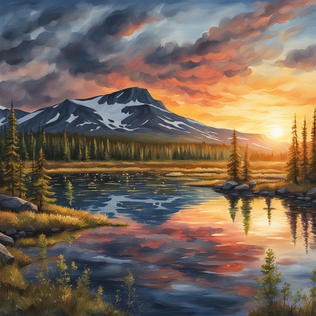 Lapland Midnight Sun Watercolor Painting