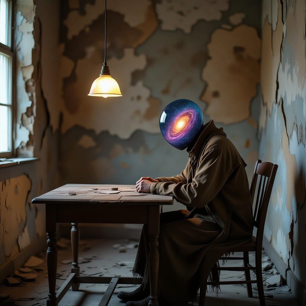 Figure with Galaxy Head in Dimly Lit Room