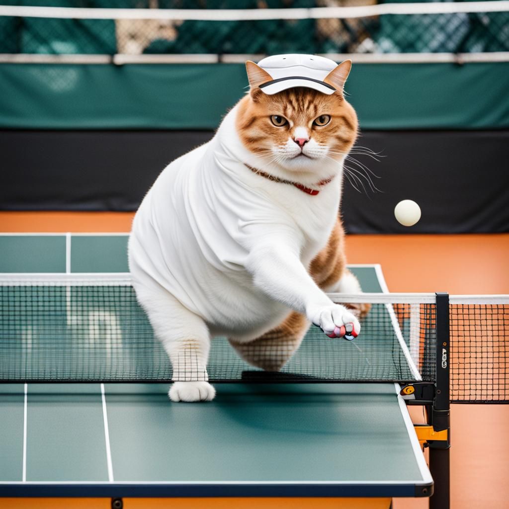 Visored Cat Plays Ping Pong
