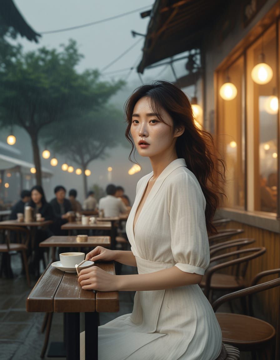 Cinematic Film Still of Woman at Cafe