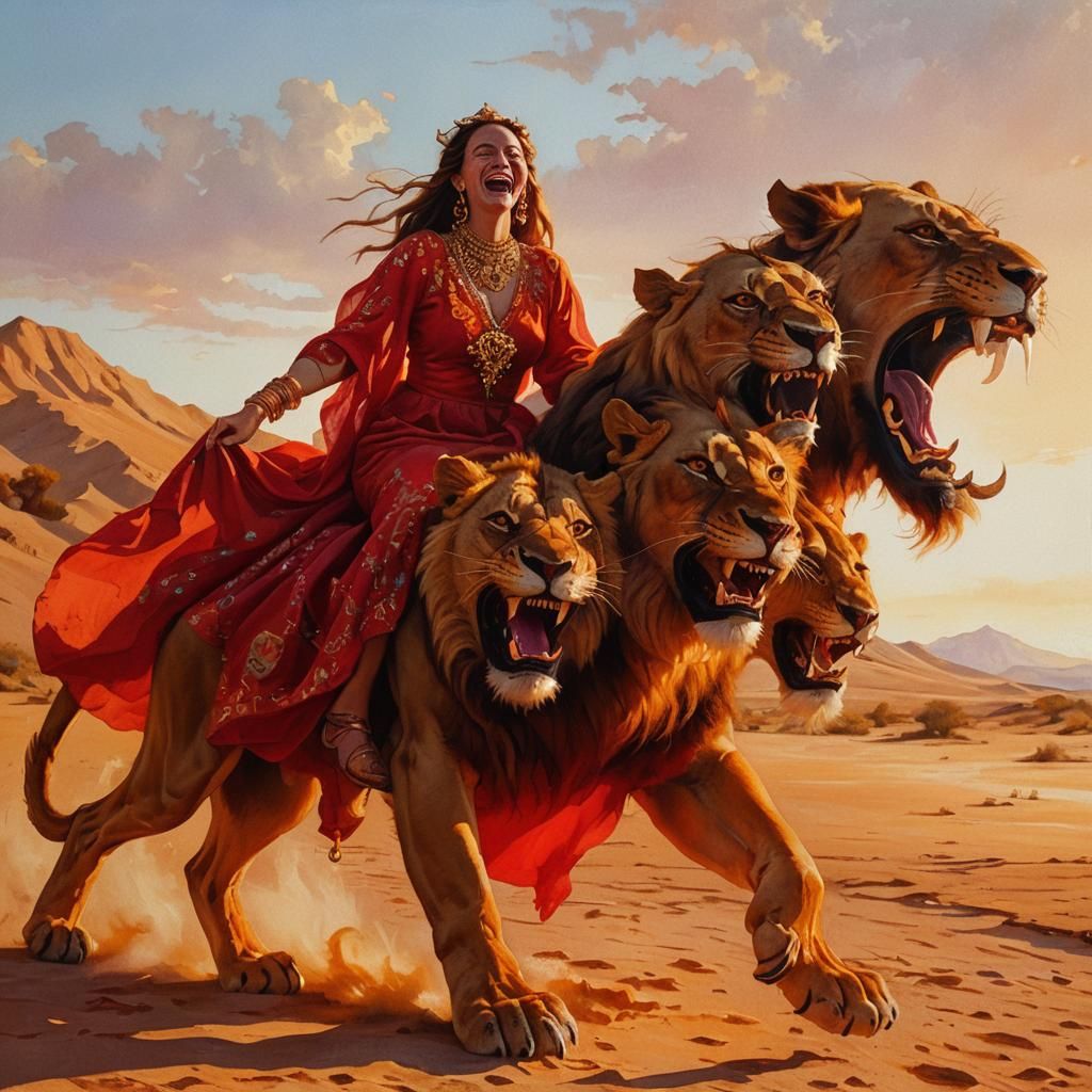 Woman on Seven-Headed Lion: Surrealist Desert Oil Painting