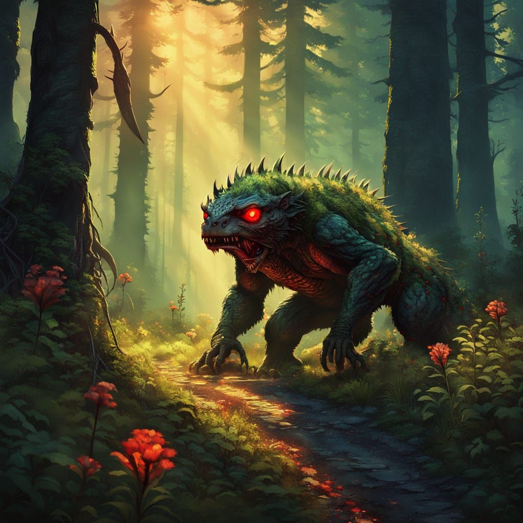 Fearsome Forest Lurker Arranges Wildflowers: Fantasy Art