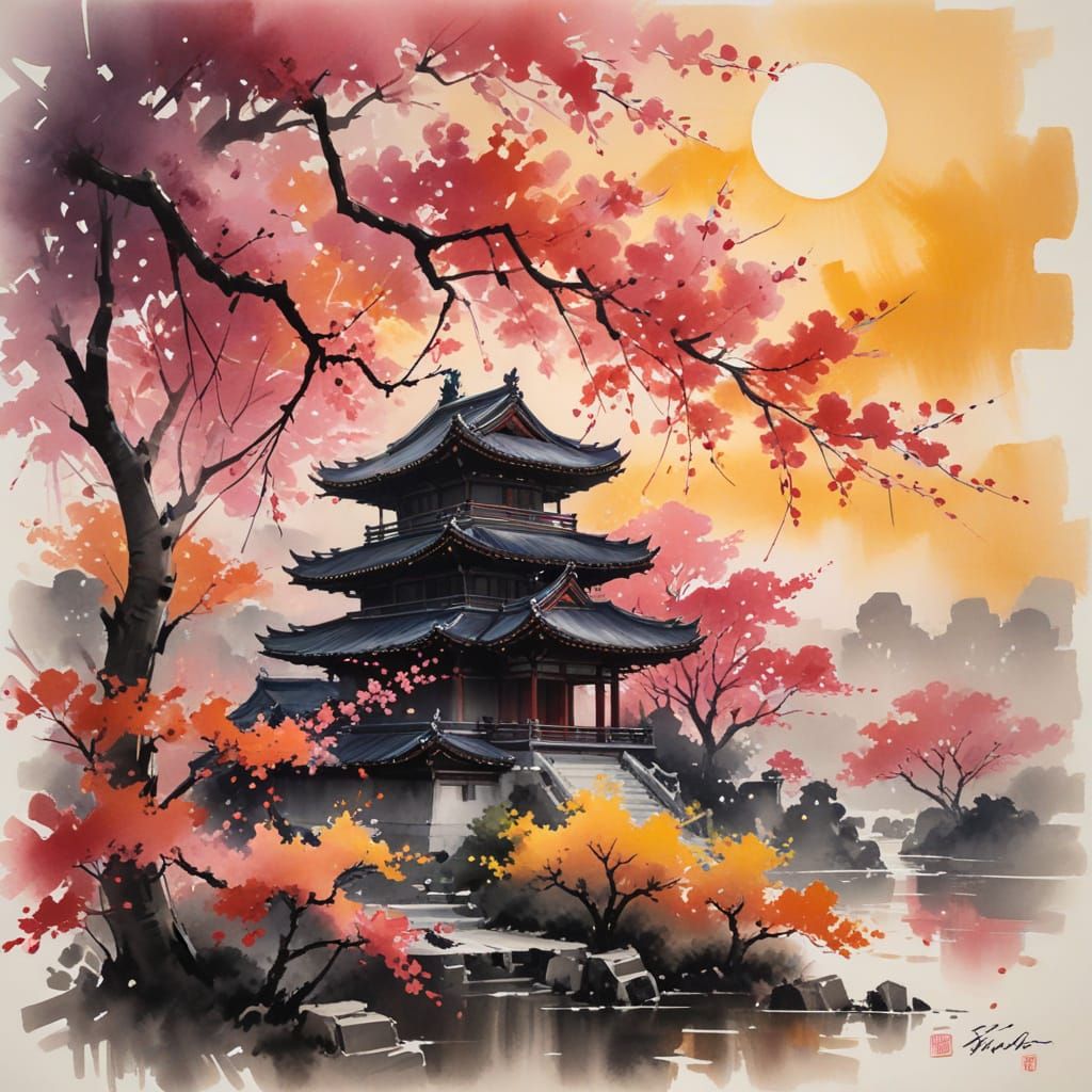 Sunrise Cherry Trees in Ink Wash Style