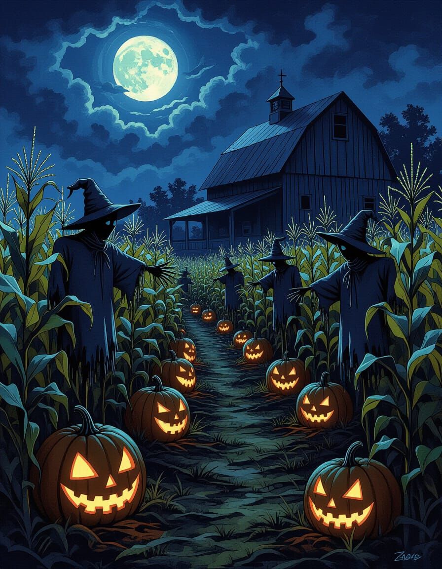 Gothic Farm Cornfield With Ghostly Scarecrows and Pumpkins