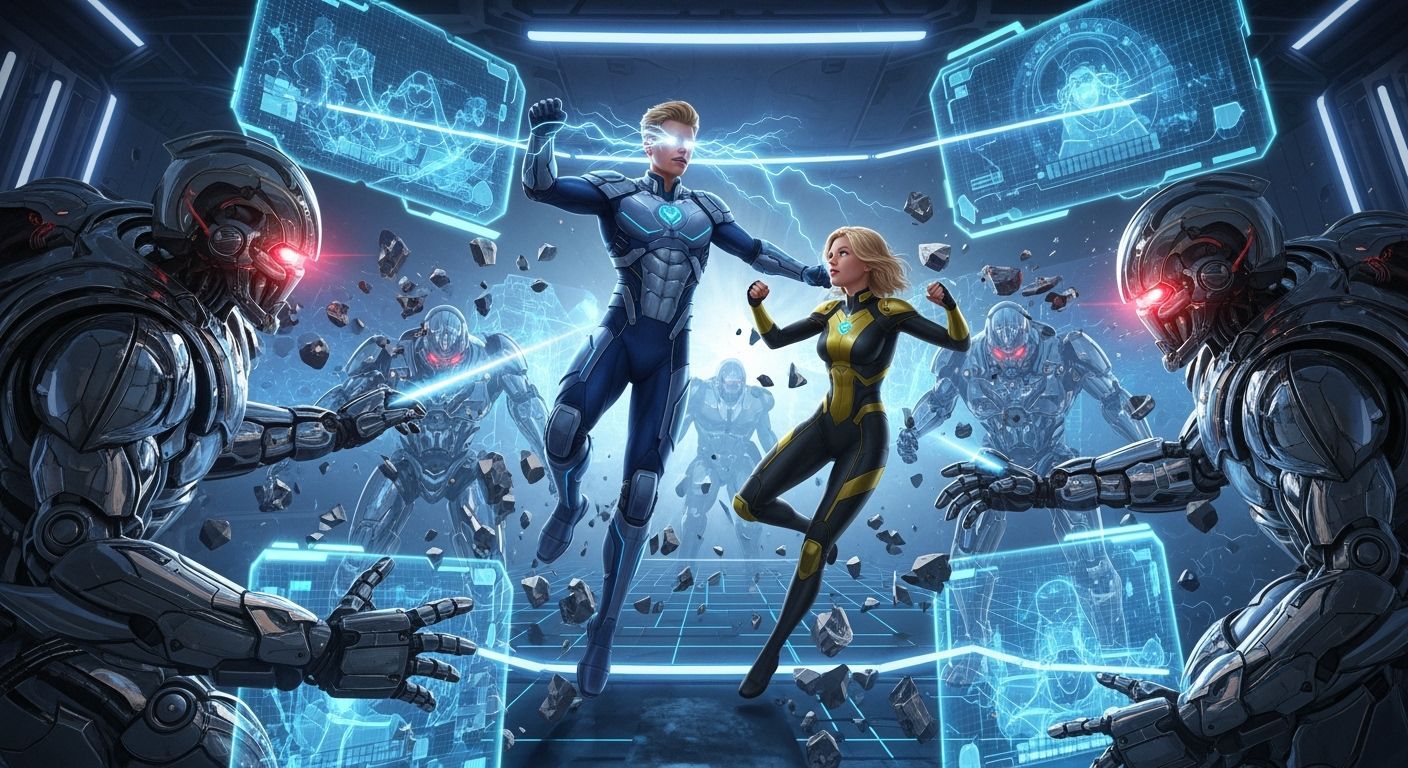 Superhero Battle in Holographic Combat Simulator