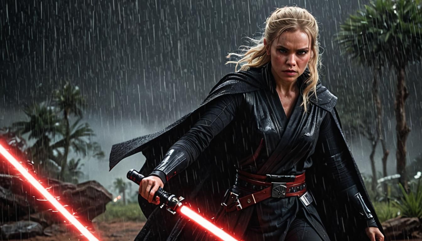 Epic Lady Sith with Double Lightsaber in Rain