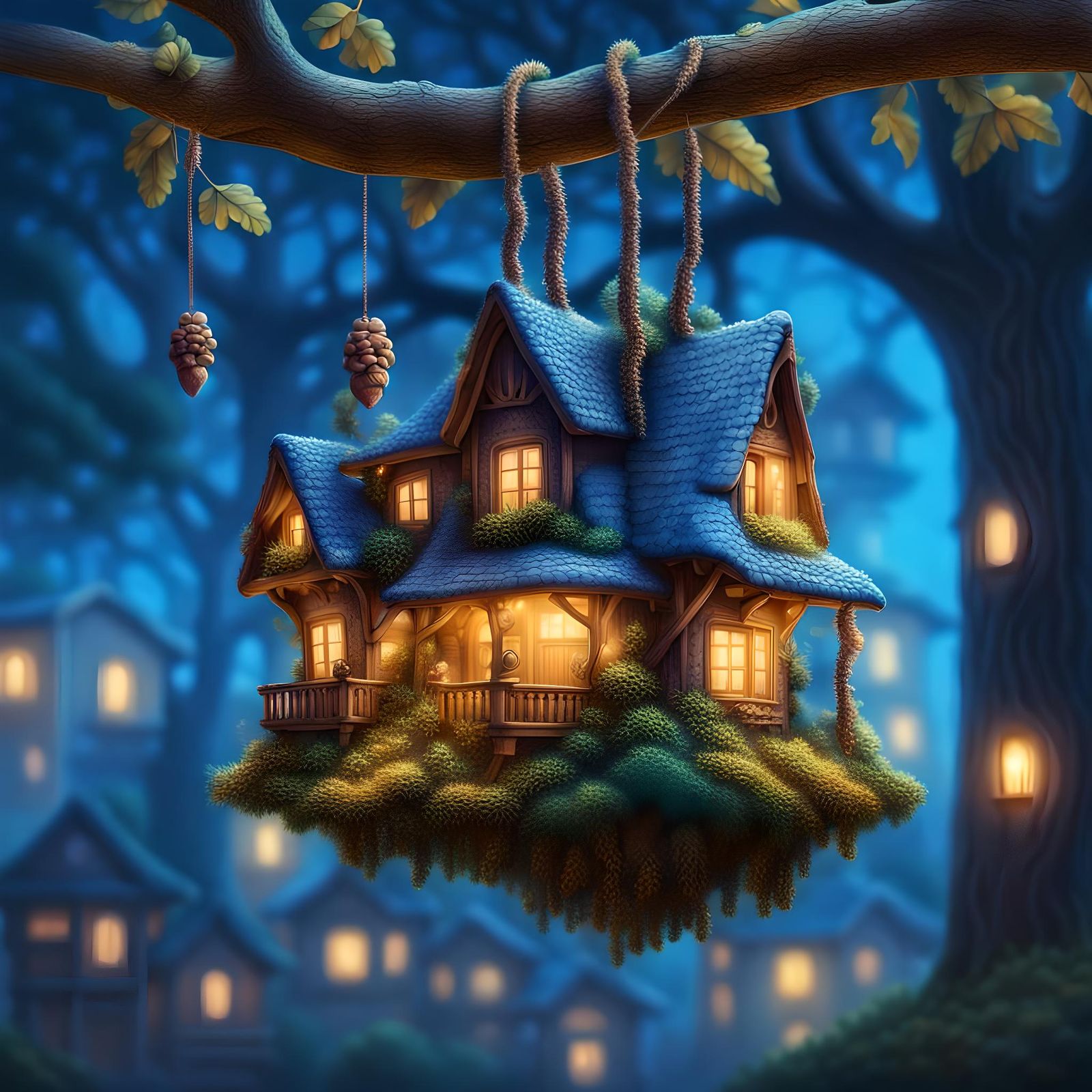 Illuminated Forest Houses on Oak Branch at Night