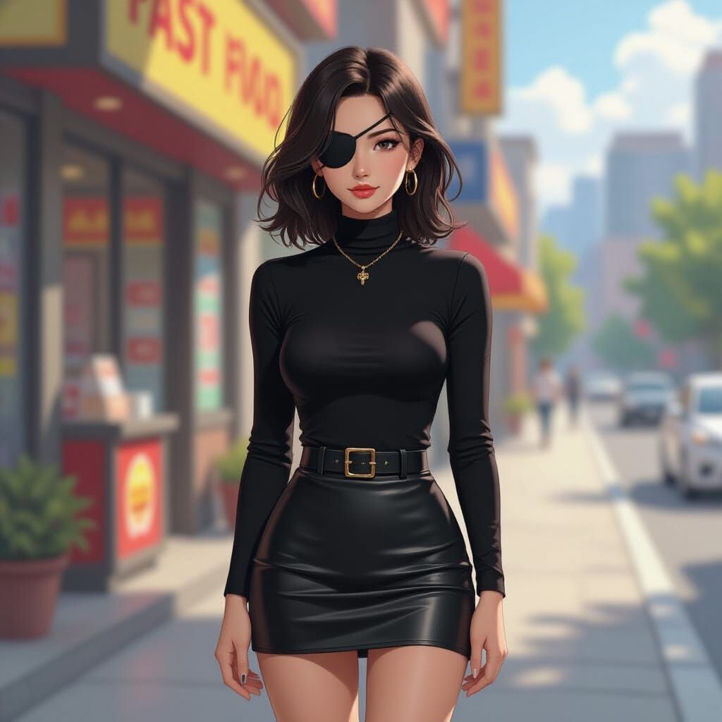 Bald Asian Woman in Ghibli-Style Fast Food Scene