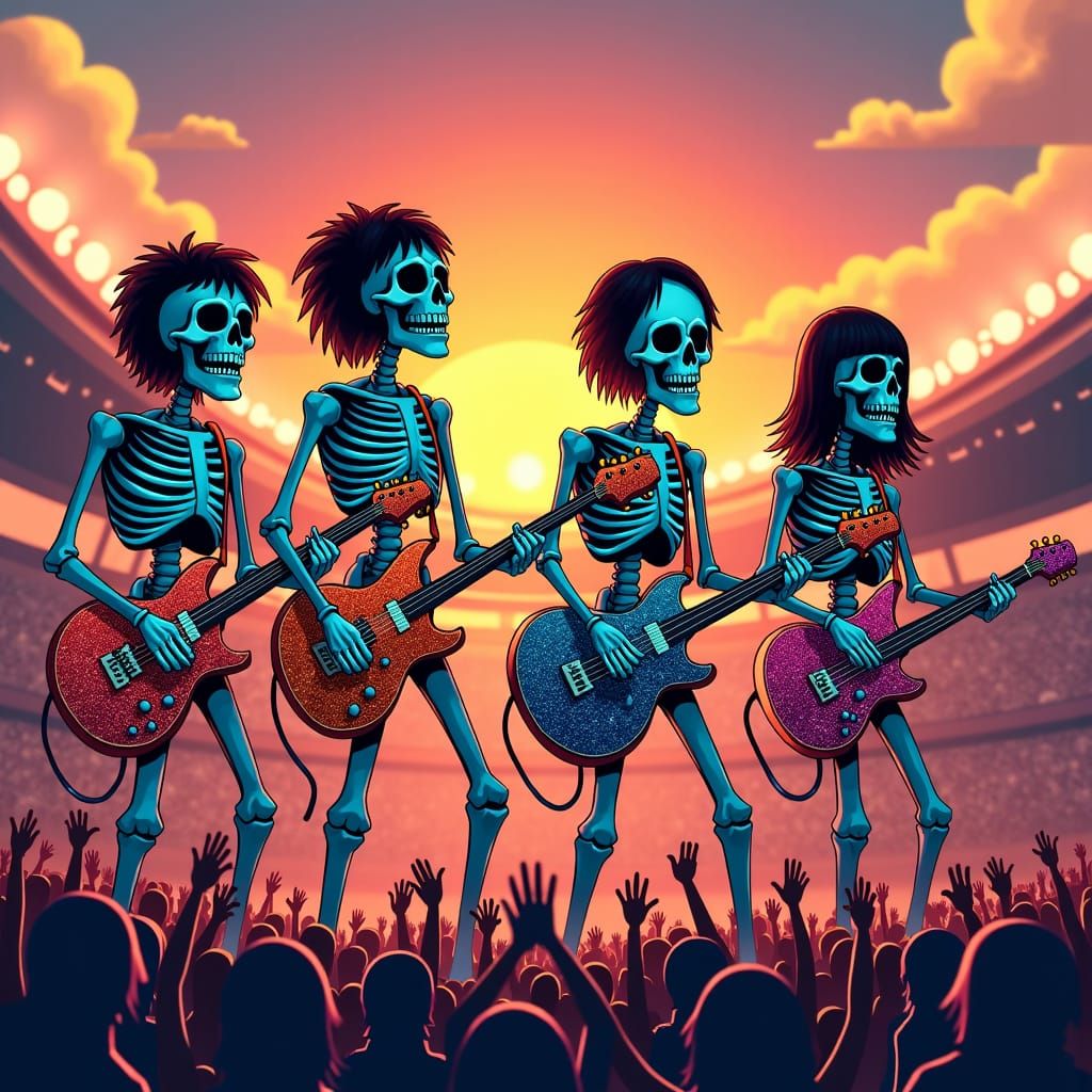 Skeletal Beatles Concert in Stadium, Digital Illustration