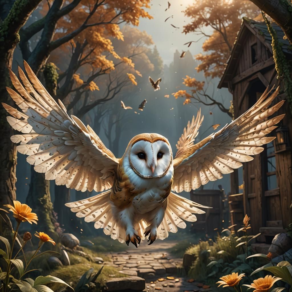 Barn Owl Girl Flies: Digital Matte Painting
