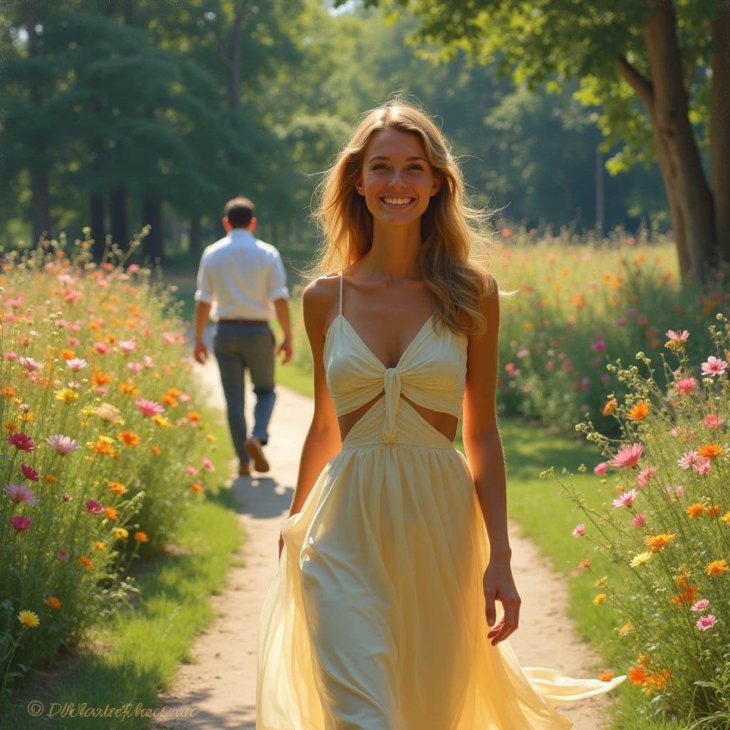 Woman Walking Away in a Flower-Filled Park