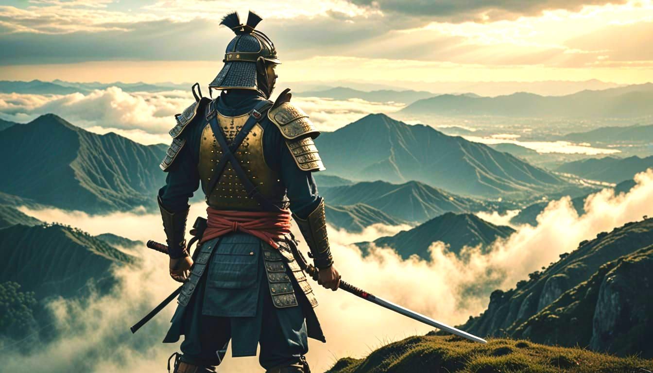 Epic Samurai Warrior Dominates Misty Mountainscape