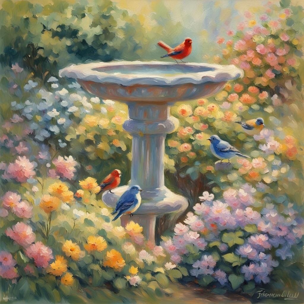 Impressionist Garden Scene with Birdbath and Birds