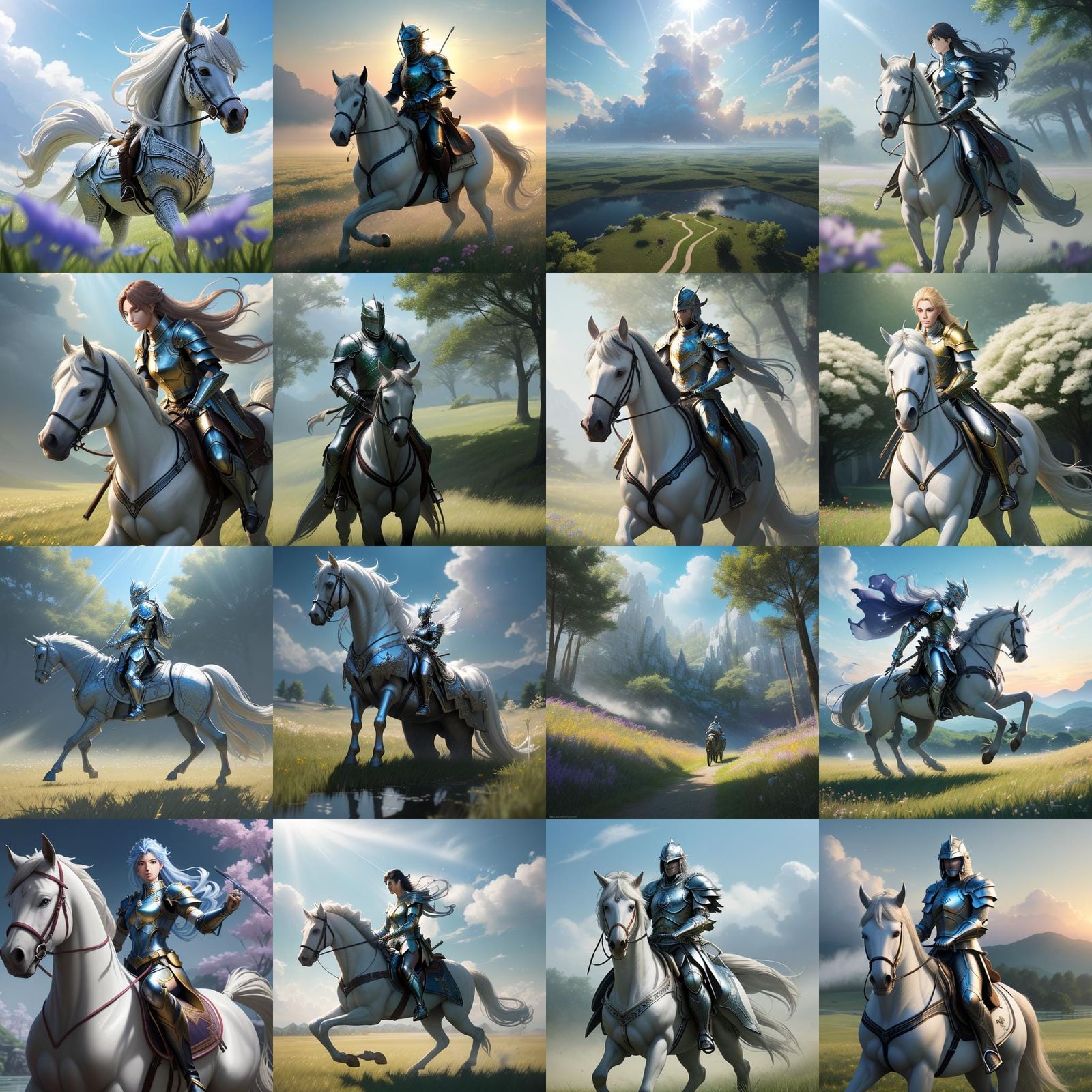Paladin in White Armor Rides Through Meadow: 3D Anime Art